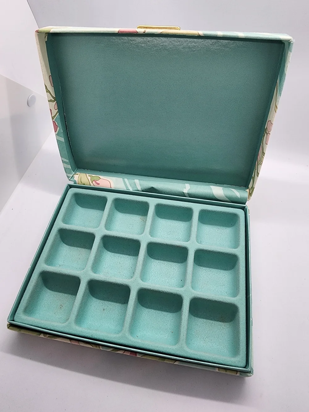 VTG 1986 Avon Floral Garden Earring Jewelry Box Teal Pink Fabric Cottagecore
